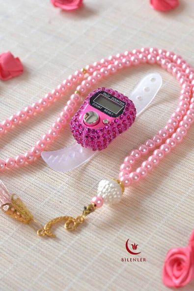 Kişiye Özel İnci Tesbih ve Taşlı Zikirmatik Seti Pembe– Gold İşlemeli Pleksi İsimlikli Lüks Kutulu - Resim 3
