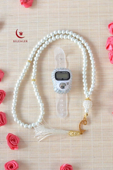 Kişiye Özel İnci Tesbih ve Taşlı Zikirmatik Seti Beyaz– Gold İşlemeli Pleksi İsimlikli Lüks Kutulu - Resim 4