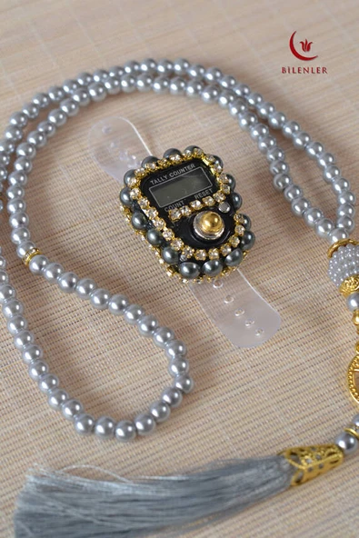 Mevlitlik Hediyelik Külah Kutuda İnci Tesbih ve Zikirmatik Seti Gri - Resim 3