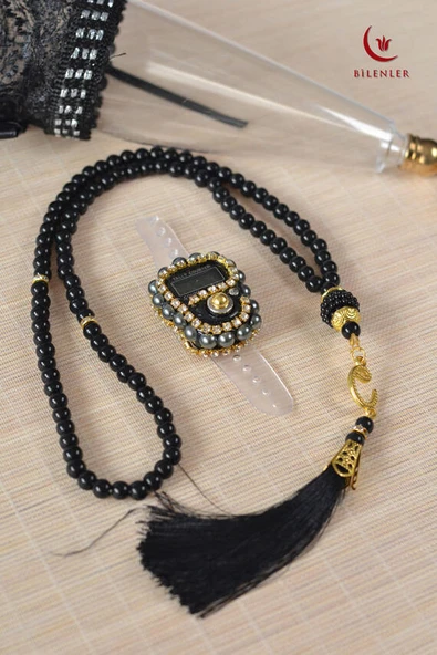 Mevlitlik Hediyelik Külah Kutuda İnci Tesbih ve Zikirmatik Seti Siyah - Resim 2