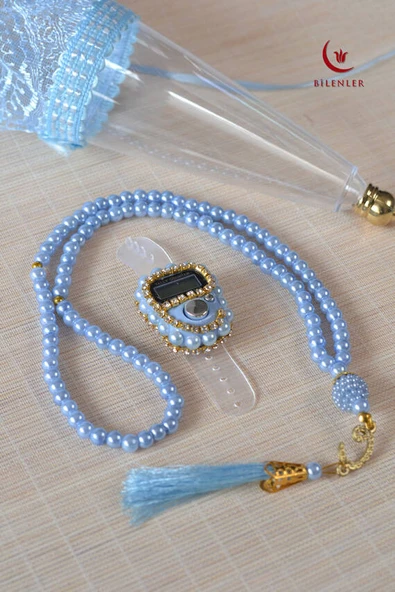 Mevlitlik Hediyelik Külah Kutuda İnci Tesbih ve Zikirmatik Seti Mavi - Resim 2