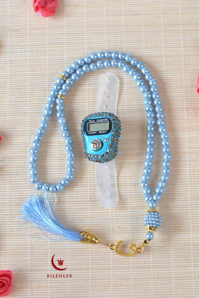 Kişiye Özel İnci Tesbih ve Taşlı Zikirmatik Seti Mavi– Gold İşlemeli Pleksi İsimlikli Lüks Kutulu - Resim 3