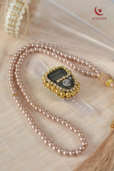 Mevlitlik Hediyelik Külah Kutuda İnci Tesbih ve Zikirmatik Seti Gold - Resim 2