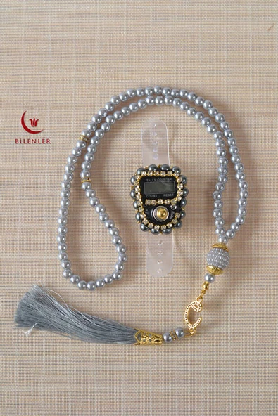 Mevlitlik Hediyelik Külah Kutuda İnci Tesbih ve Zikirmatik Seti Gri - Resim 4