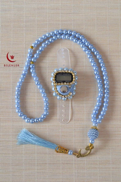 Mevlitlik Hediyelik Külah Kutuda İnci Tesbih ve Zikirmatik Seti Mavi - Resim 4