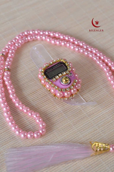 Mevlitlik Hediyelik Külah Kutuda İnci Tesbih ve Zikirmatik Seti Pembe - Resim 4