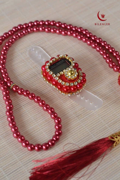 Mevlitlik Hediyelik Külah Kutuda İnci Tesbih ve Zikirmatik Seti Kırmızı - Resim 4