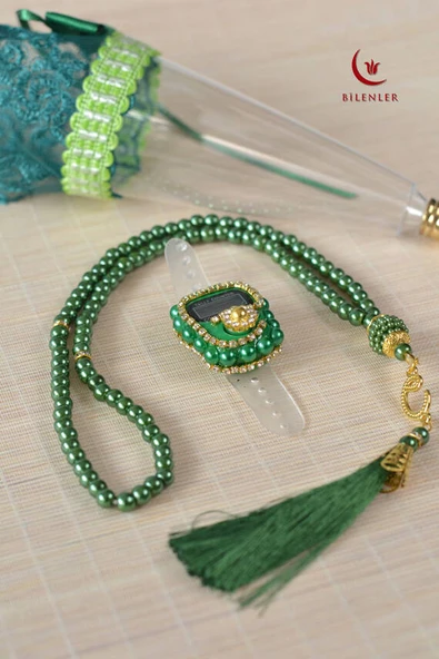 Mevlitlik Hediyelik Külah Kutuda İnci Tesbih ve Zikirmatik Seti Yeşil - Resim 2