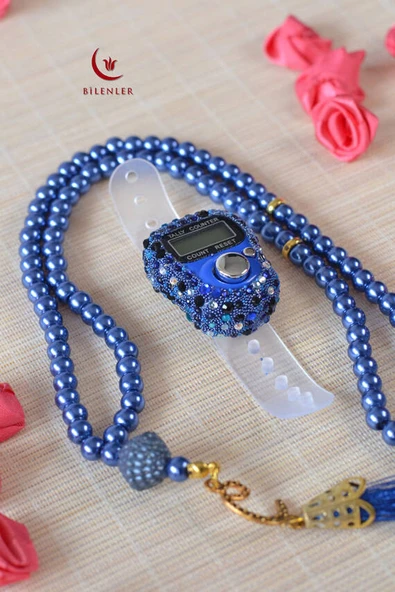 Kişiye Özel İnci Tesbih ve Taşlı Zikirmatik Seti Lacivert– Gold İşlemeli Pleksi İsimlikli Lüks Kutulu - Resim 2