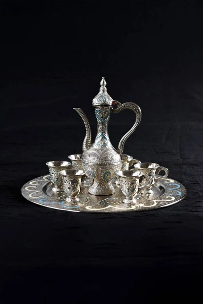 Hediyelik Sunumluk Osmanlı Motifli Nakışlı Gümüş Zemzem Takımı – 8 Parça - Resim 4