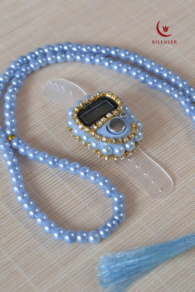 Mevlitlik Hediyelik Külah Kutuda İnci Tesbih ve Zikirmatik Seti Mavi - Resim 3