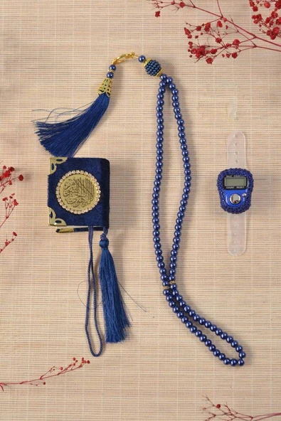 Hediyelik Kutulu Mini Kuran İnci Tesbih ve Taşlı Zikirmatik Seti Lacivert Renk 1 Adet - Resim 2