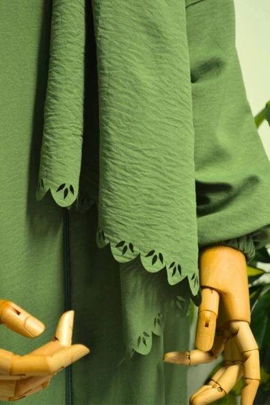 Kendinden Şallı Pamuklu Aerobin Kumaş Kadın Namaz Elbisesi  Ferace Yeşil - Resim 6