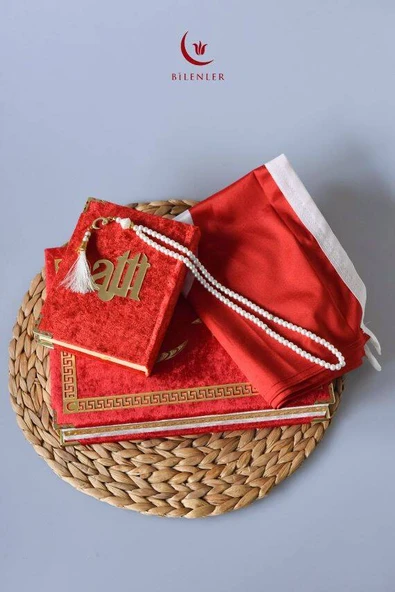 Kadife Kaplamalı Ahşap Plaket Kutu Kadife Kuran Türk Bayrağı İnci Tesbih Taşıma Çantalı Hediye Seti - Resim 2