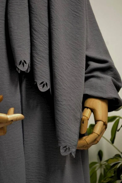 Kendinden Şallı Pamuklu Aerobin Kumaş Kadın Namaz Elbisesi Ferace Antrasit - Resim 3