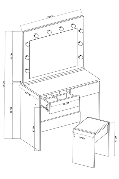 Sakura Hollywood Işıklı Aynalı Çekmeceli Makyaj Masası - 12