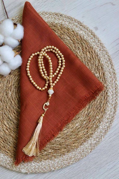 Hediyelik Mevlitlik Eşarp ve İnci Tesbih Set 1 Adet Kiremit - Resim 2