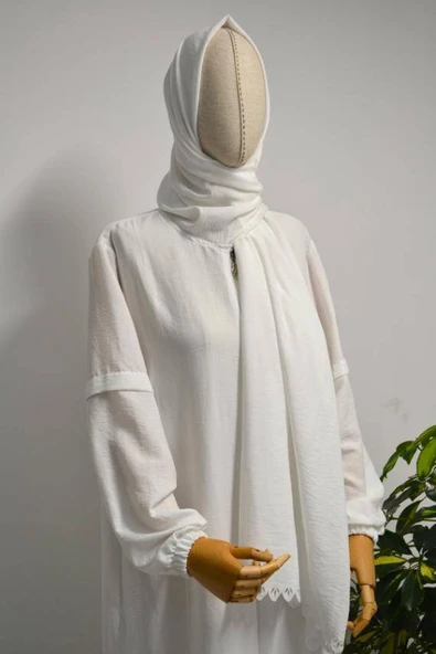 Kendinden Şallı Pamuklu Aerobin Kumaş Kadın Namaz Elbisesi  Ferace Beyaz - Resim 3