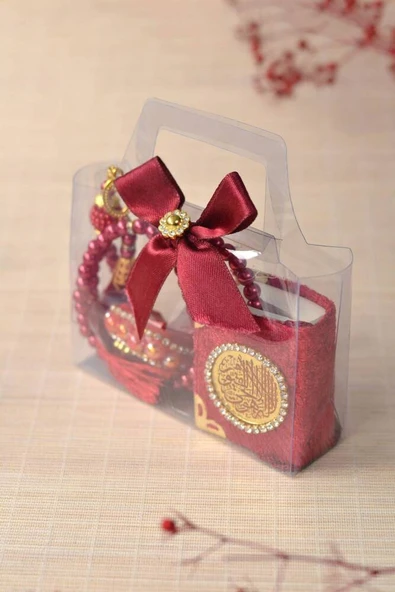 Hediyelik Kutulu Mini Kuran İnci Tesbih ve Taşlı Zikirmatik Seti Kırmızı Renk 1 Adet ürün görseli