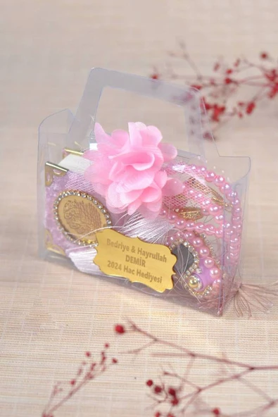 Hediyelik Kutulu Mini Kuran İnci Tesbih ve Taşlı Zikirmatik Seti Pembe Renk 1 Adet - Resim 3