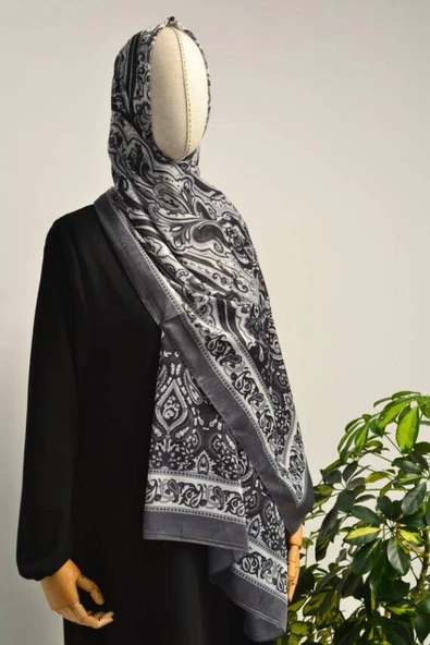 Etnik Desenli Pamuklu Şal Gri - Resim 4