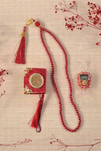 Hediyelik Kutulu Mini Kuran İnci Tesbih ve Taşlı Zikirmatik Seti Kırmızı Renk 1 Adet - Resim 2