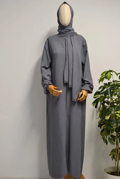 Kendinden Şallı Pamuklu Aerobin Kumaş Kadın Namaz Elbisesi Ferace Antrasit ürün görseli