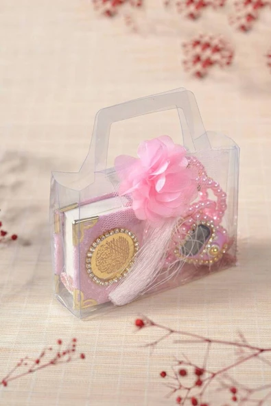 Hediyelik Kutulu Mini Kuran İnci Tesbih ve Taşlı Zikirmatik Seti Pembe Renk 1 Adet - Resim 5