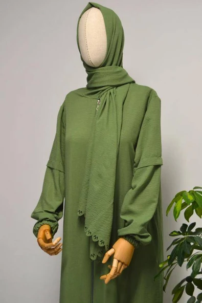 Kendinden Şallı Pamuklu Aerobin Kumaş Kadın Namaz Elbisesi  Ferace Yeşil - Resim 2