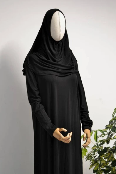 Kadın Penye Namaz Elbisesi Kendinden Başörtülü Rahat Kalıp Siyah – Tek Parça - Resim 4