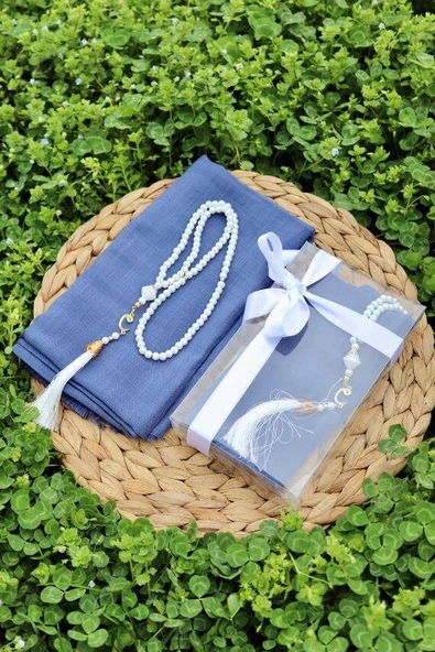 Hediyelik Mevlitlik Eşarp ve İnci Tesbih Set 1 Adet Mavi - Resim 2