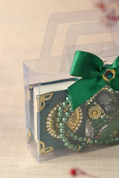 Hediyelik Kutulu Mini Kuran İnci Tesbih ve Taşlı Zikirmatik Seti Yeşil Renk 1 Adet - Resim 4