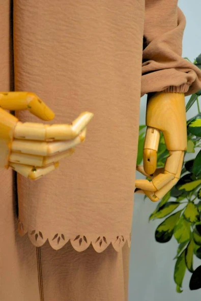 Kendinden Şallı Pamuklu Aerobin Kumaş Kadın Namaz Elbisesi  Ferace Kahverengi - Resim 6