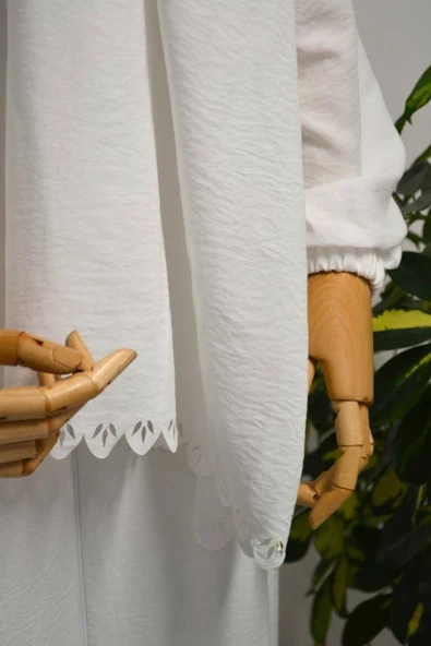 Kendinden Şallı Pamuklu Aerobin Kumaş Kadın Namaz Elbisesi  Ferace Beyaz - Resim 6