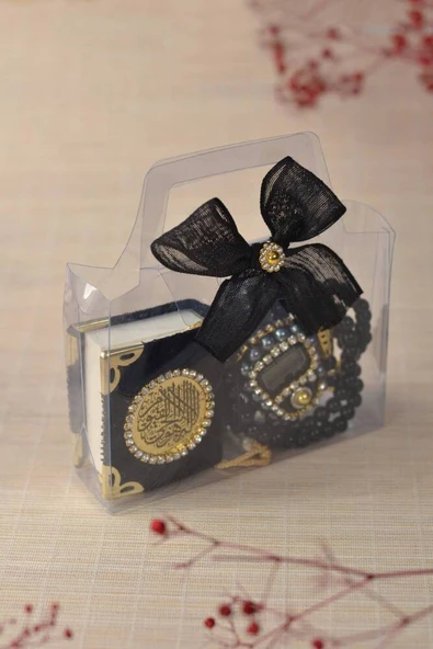 Hediyelik Kutulu Mini Kuran İnci Tesbih ve Taşlı Zikirmatik Seti Siyah Renk 1 Adet - Resim 5
