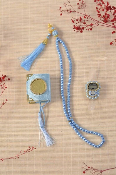 Hediyelik Kutulu Mini Kuran İnci Tesbih ve Taşlı Zikirmatik Seti Mavi Renk 1 Adet - Resim 2