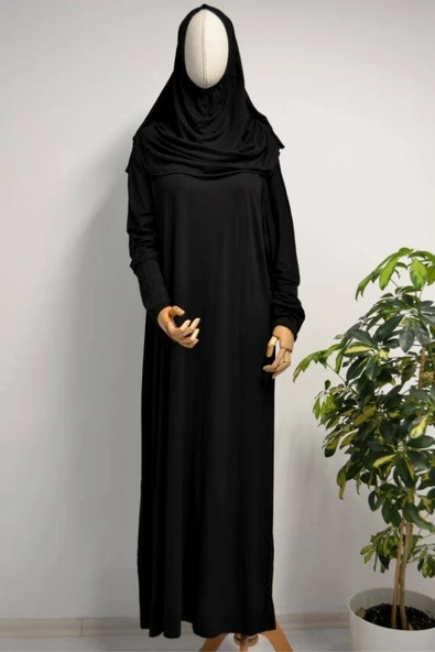 Kadın Penye Namaz Elbisesi Kendinden Başörtülü Rahat Kalıp Siyah – Tek Parça ürün görseli