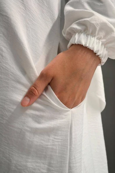 Kendinden Şallı Pamuklu Aerobin Kumaş Kadın Namaz Elbisesi  Ferace Beyaz - Resim 5