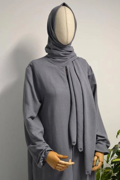 Kendinden Şallı Pamuklu Aerobin Kumaş Kadın Namaz Elbisesi Ferace Antrasit - Resim 5