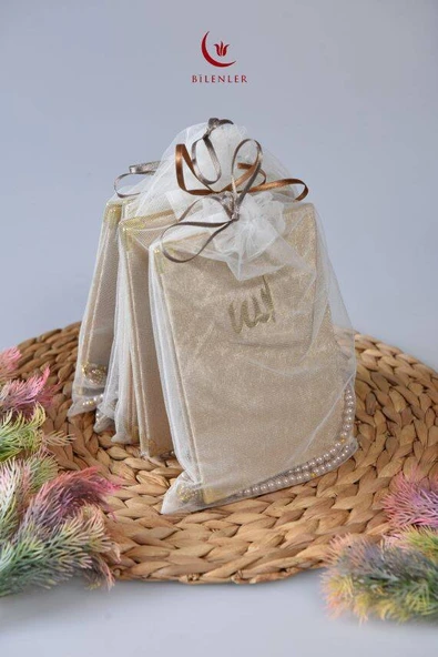 Kadife Yasin Tül Keseli Tesbihli 128 Sayfa Krem Renk 10 Adet - Resim 2