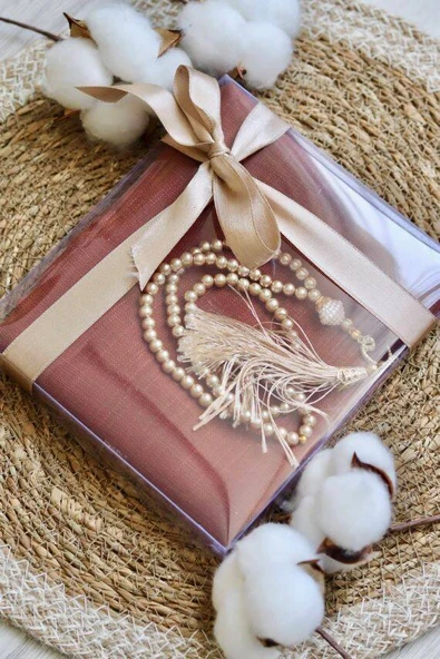 Hediyelik Mevlitlik Eşarp ve İnci Tesbih Set 1 Adet Kiremit - Resim 3