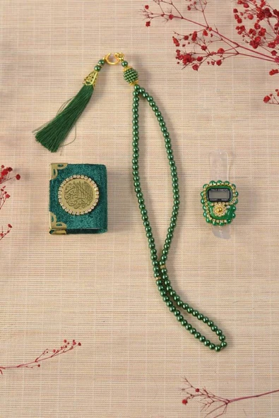 Hediyelik Kutulu Mini Kuran İnci Tesbih ve Taşlı Zikirmatik Seti Yeşil Renk 1 Adet - Resim 2
