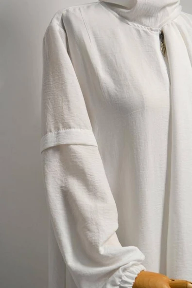 Kendinden Şallı Pamuklu Aerobin Kumaş Kadın Namaz Elbisesi  Ferace Beyaz - Resim 4