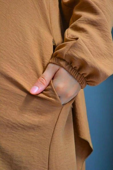 Kendinden Şallı Pamuklu Aerobin Kumaş Kadın Namaz Elbisesi  Ferace Kahverengi - Resim 4