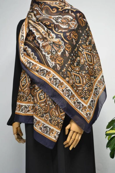 Etnik Desenli Pamuklu Şal Lacivert - Resim 4