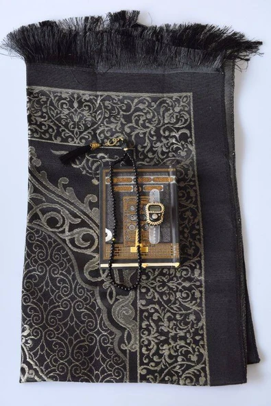 Kabe Desenli Kuranı Kerim-Seccade-Zikirmatik- Tesbih Hac & Umre Hediyelik Seti – Siyah (5 Parça Manevi Set) - Resim 2