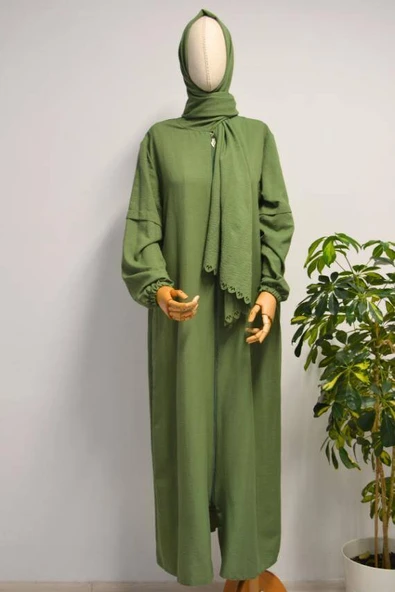 Kendinden Şallı Pamuklu Aerobin Kumaş Kadın Namaz Elbisesi  Ferace Yeşil ürün görseli