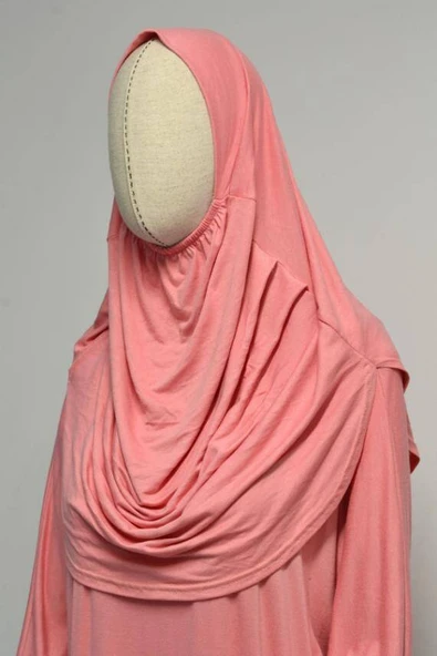 Kadın Penye Namaz Elbisesi Kendinden Başörtülü Rahat Kalıp Pembe – Tek Parça - Resim 2