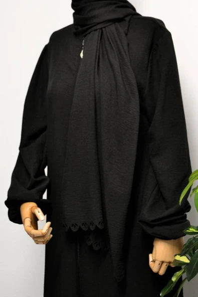 Kendinden Şallı Pamuklu Aerobin Kumaş Kadın Namaz Elbisesi  Ferace Siyah - Resim 6