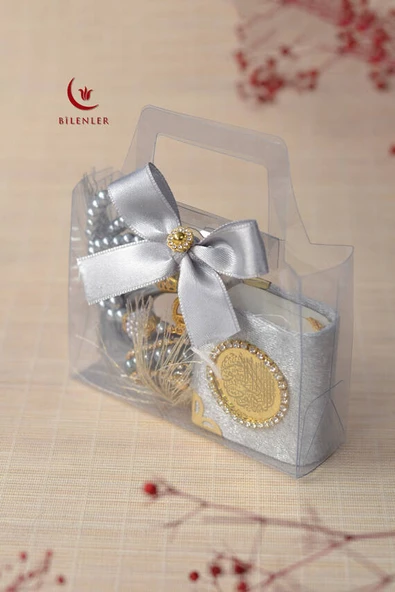 Hediyelik Kutulu Mini Kuran İnci Tesbih ve Taşlı Zikirmatik Seti Gri Renk 1 Adet ürün görseli